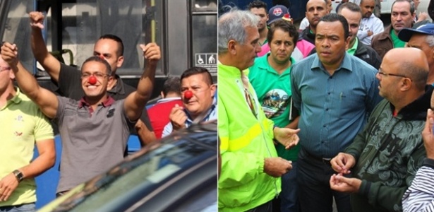 À esquerda, grevistas se manifestam; à direita, o presidente do sindicato, Valdevan Noventa, tenta acordo com dissidentes - Arte/UOL