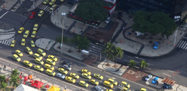 Vista aérea de carreata de taxistas em Copacabana, zona sul do Rio, durante protesto contra aplicativos como o Uber e o Lift - Gustavo Miranda/Agência O Globo