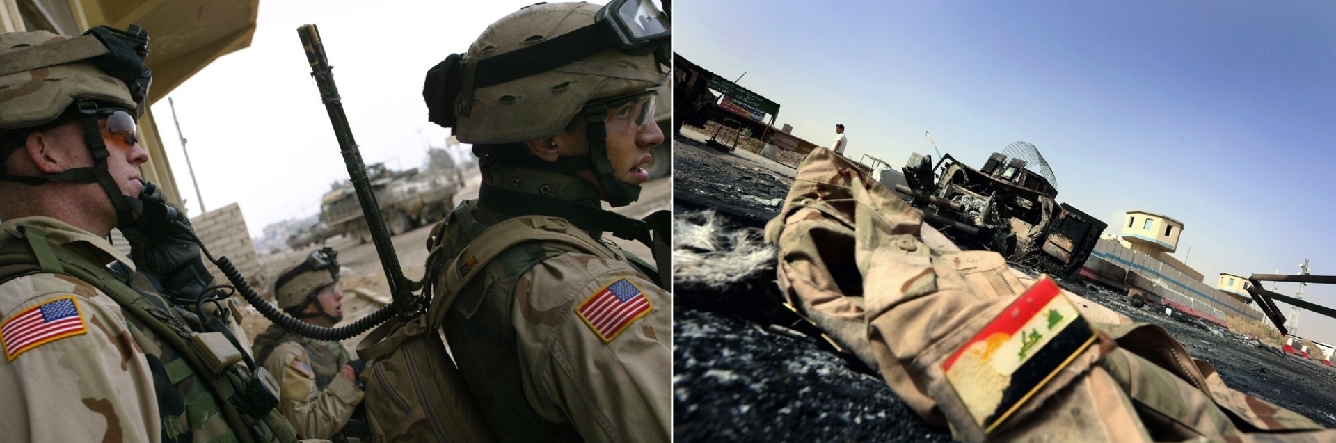 14.jun.2014 - À direita, soldados norte-americanos checam informações no serviço de rádio em janeiro de 2005 na cidade de Mossul, a segunda mais importante do país. À direita, uma foto tirada um dia depois da invasão de rebeldes sunitas à cidade mostra o uniforme de um soldado iraquiano jogado no chão em uma área alvo de ataques. Dez anos depois da ocupação norte-americana no país, o Iraque vive uma onda de violência que ameaça o governo central do país - Maurício  Lima/Safin Hamed/AFP