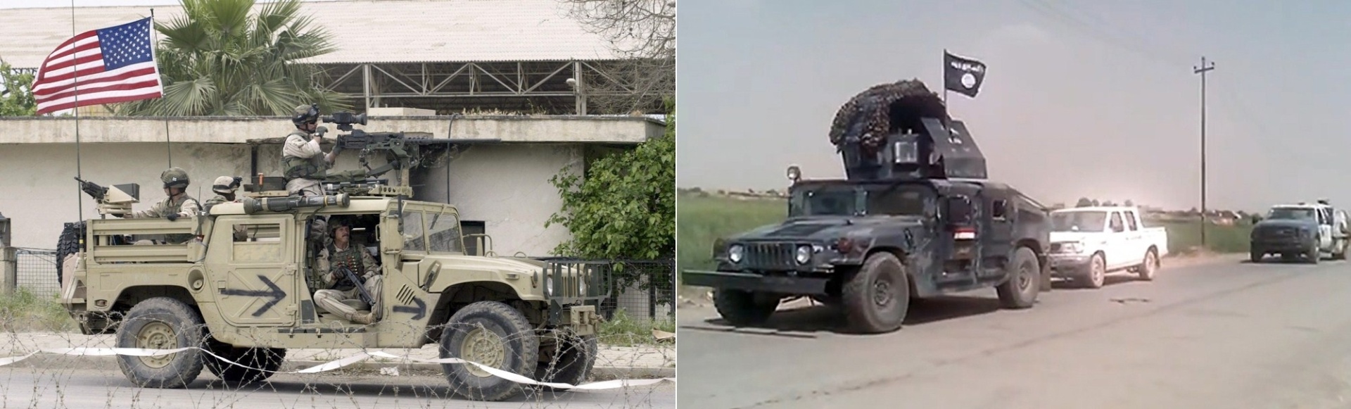 14.jun.2014 - À esquerda, um veículo de patrulha norte-americano é fotografado na cidade de Mossul, no norte do Iraque, em abril de 2003. À direita, uma imagem retirada de um vídeo no portal Youtube atribuído ao grupo jihadista Harith mostra um veículo semelhante nas mãos de rebeldes que patrulham, 11 anos depois, a mesma cidade - Joseph Barrack/AFP