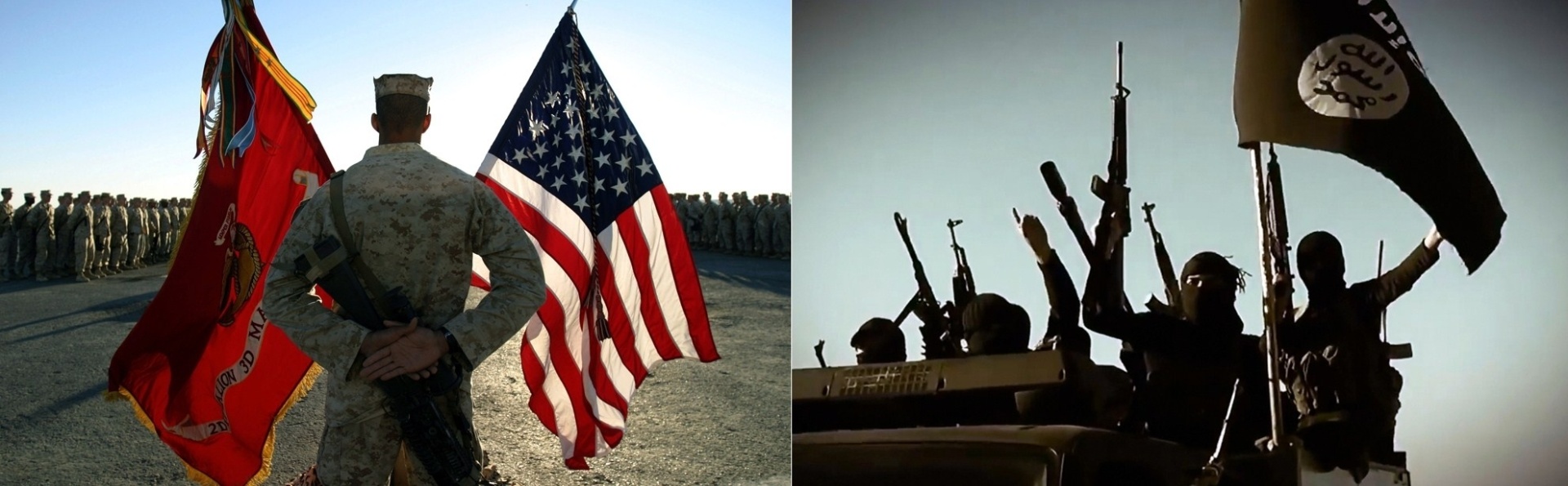 14.jun.2014 - À esquerda, uma foto liberada pelos fuzileiros navais norte-americanos em novembro de 2006 mostra militares em formação diante da bandeira dos EUA durante uma cerimônia na província iraquiana de Anbar. À esquerda, uma foto tirada de um vídeo liberado pelo grupo separatista Estado Islâmico do Iraque e Levante mostra soldados rebeldes empunhando armas e a bandeira do grupo na mesma região antes controlada pelos norte-americanos - Luke Blom/AFP/Al-Furqan Media