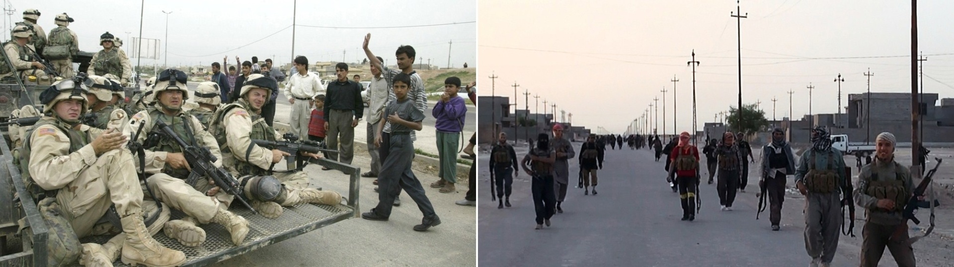 14.jun.2014 - Montagem mostra as semelhanças entre a invasão norte-americana à cidade de Mossul, no Iraque, em abril de 2003 (à esquerda), e a ocupação da cidade em junho de 2014 por forças rebeldes (à direita). O Iraque vive uma das piores ondas de violência desde a invasão americana ao país, em 2003. Tropas rebeldes avançam pelo país e se aproximam de Bagdá 11 anos depois de o país ter sido ocupado pelos Estados Unidos - Joseph Barrack, Ho, e Welayat Salauddin/AFP