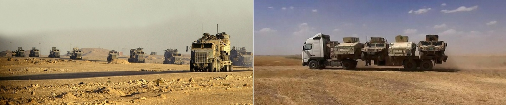 14.jun.2014 - Montagem mostra um comboio militar norte-americano cruzando o deserto de Anbar, na fronteira do Iraque com a Síria em 2005, durante a ocupação dos EUA no Iraque (à esquerda). À direita, uma foto retirada do microblog Twitter mostra um caminhão carregando veículos de guerra que são atribuídos ao Estado Islâmico do Iraque e Levante, principal grupo separatista em atuação no país - Patrick Baz/AFP/Albaraka News