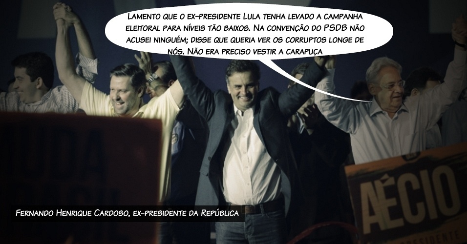 16.jun.2014 - ?Lamento que o ex-presidente Lula tenha levado a campanha eleitoral para níveis tão baixos. Na convenção do PSDB não acusei ninguém; disse que queria ver os corruptos longe de nós. Não era preciso vestir a carapuça?, afirmou Fernando Henrique Cardoso em resposta à acusação de Lula feita no dia anterior - Nelson Antoine/Fotoarena/Estadão Conteúdo/Arte UOL