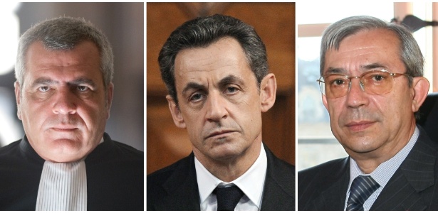 Da esquerda para a direita: o advogado francês Thierry Herzog, o ex-presidente francês Nicolas Sarkozy, e o juiz francês Gilbert Azibert