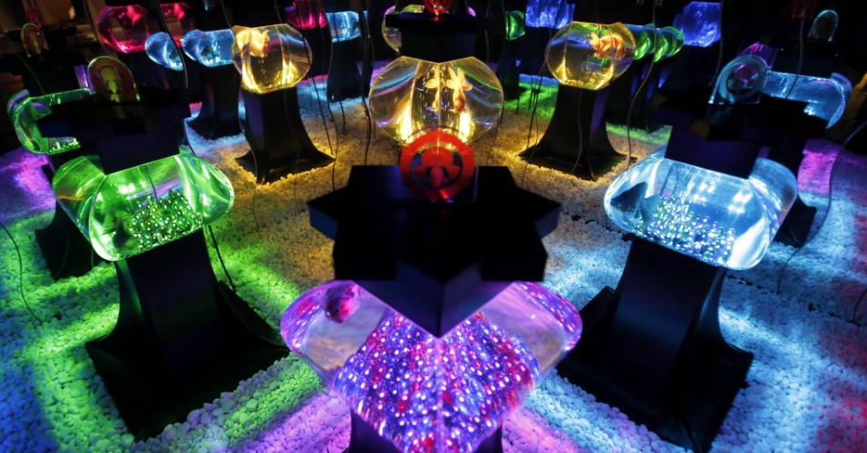 10.jul.2014 - Peixes coloridos nadam na instalação "BonBorium", durante a mostra "Art Aquarium", em Tóquio, no Japão