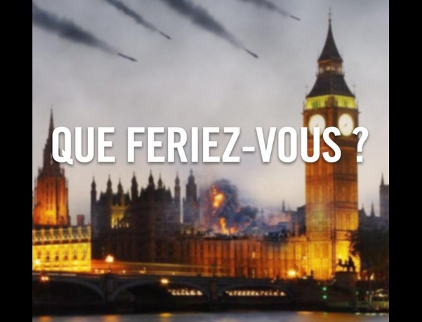 Postagem do Exército de Israel no Twitter mostra o Palácio de Westminster sendo atacado por foguetes, com a pergunta, em francês: "O que você faria?"