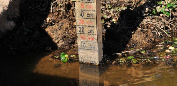 Régua que mede o nível da água no reservatório do Itaim, na região de Itu (SP), indicava 0 cm em 8 de agosto de 2014 - Hélio Suenaga/Futura Press/Estadão Conteúdo