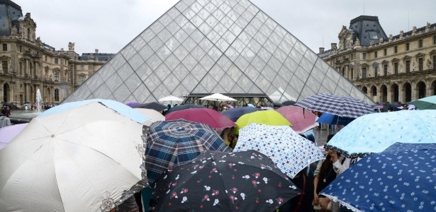 8.ago.2014 - Visitantes lotam entrada do museu do Louvre, em dia de chuva em Paris - Dominique Faget/AFP