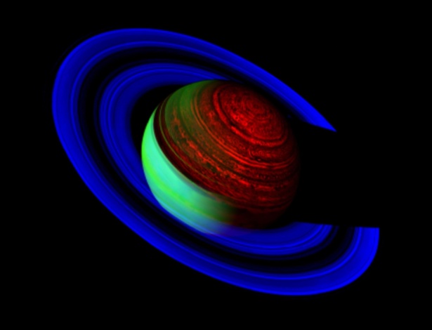 Imagem colorizada de Saturno, feita pela sonda Cassino, a uma órbita de 1,6 milhão de quilômetros do planeta - Divulgação/VIMS Team/Nasa