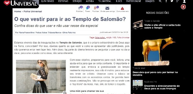 Reprodução do artigo da Folha Universal, jornal de propriedade da igreja - Igreja Universal do Reino de Deus/Reprodução - Igreja Universal do Reino de Deus/Reprodução