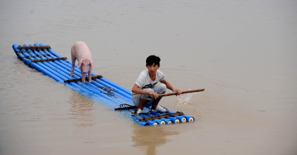 20.ago.2014 - Um menino com um porco em uma balsa improvisada navega por área inundada em Lishui, na província de Zhejiang, na China