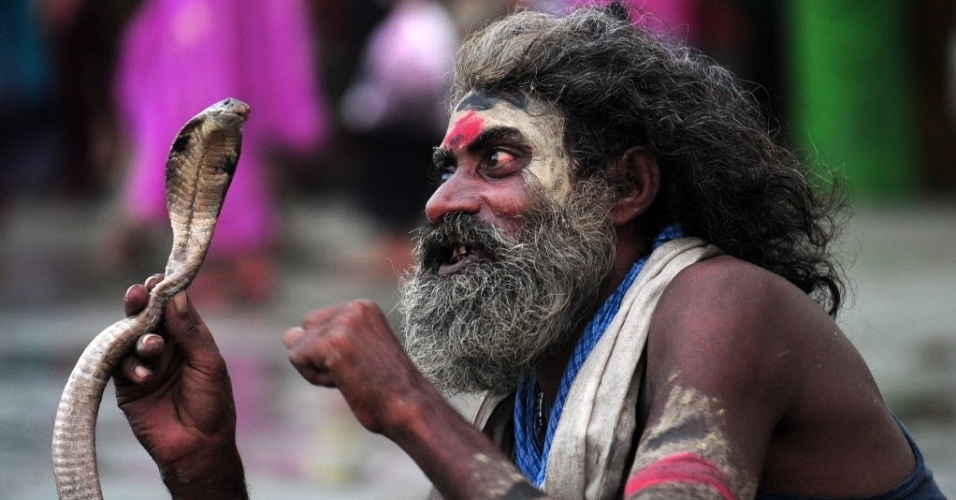 28.ago.2014 - Indiano encanta serpente para ganhar esmolas de devotos hindus, durante o festival Teej em Allahabad, nesta quinta-feira (28). O festival tem duração de três dias