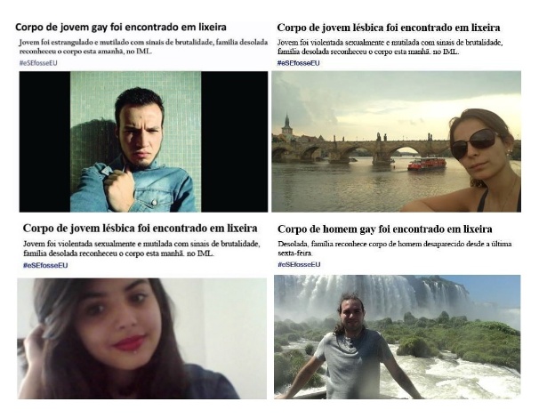 Em campanha, participantes colocam fotos de si próprios em notícias de crimes homofóbicos, que aumentaram no Brasil nos últimos anos - Reprodução