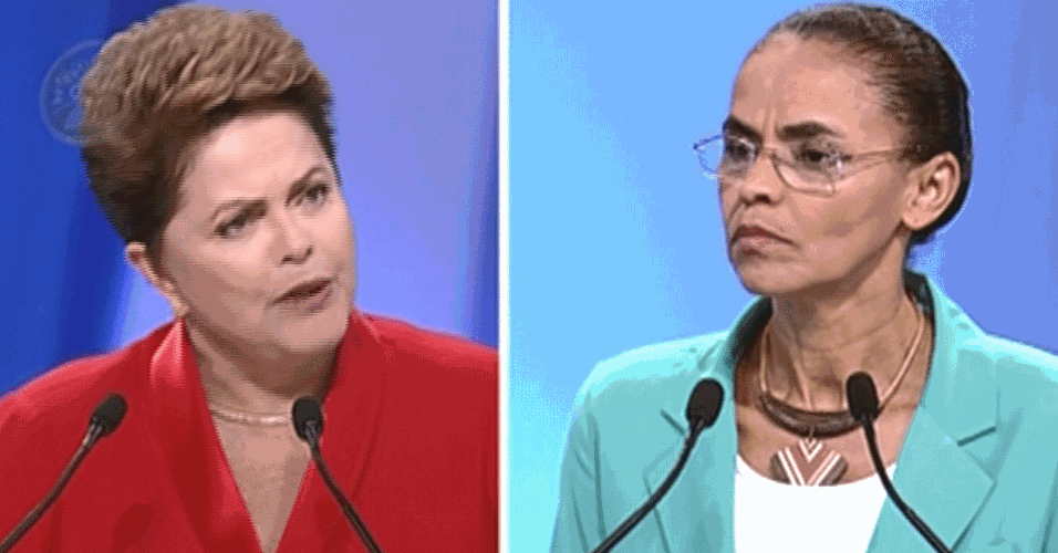 28.set.2014 - A candidata à reeleição Dilma Rousseff (PT) faz pergunta para a adversária Marina Silva (PSB) durante debate eleitoral promovido pela TV Record na noite deste domingo, em São Paulo