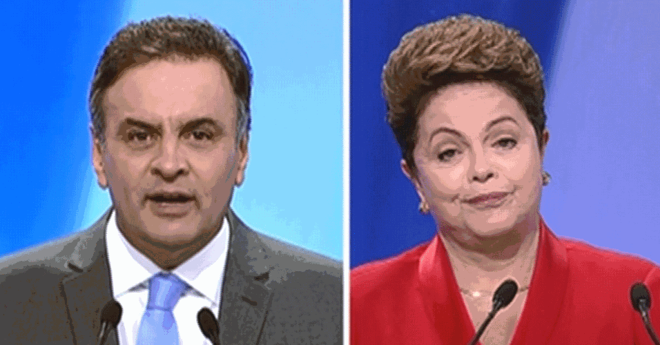 28.set.2014 - O candidato Aécio Neves (PSDB) responde pergunta da candidata à reeleição Dilma Rousseff (PT) durante debate eleitoral promovido pela TV Record na noite deste domingo, em São Paulo