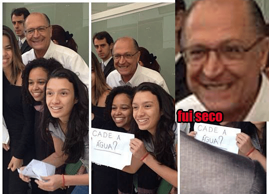4.out.2014 - Nesta sexta (3), o candidato ao Governo do Estado Geraldo Alckmin (PSDB) foi com muita sede ao pote e tirou foto com garotas que, na verdade, deram um trote no governador, que ainda virou piada na internet