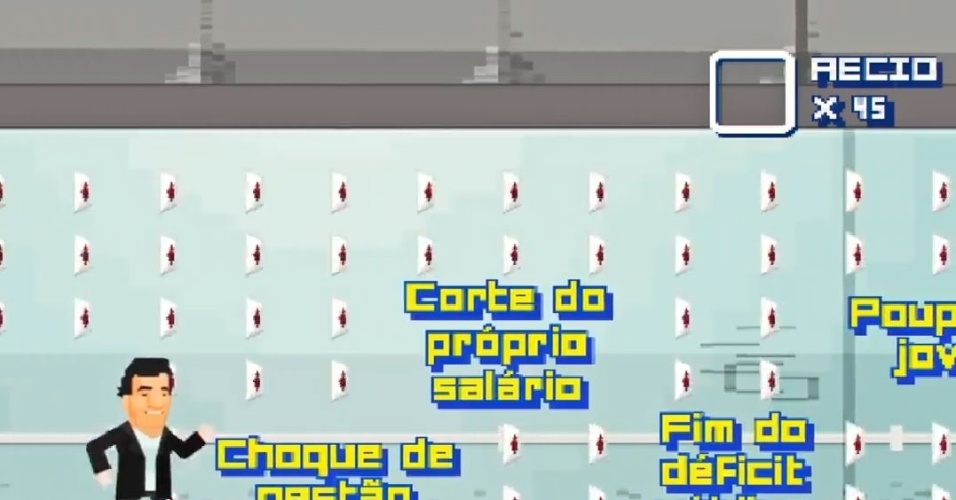 Em outra fase do jogo, Aécio destaca seu heroismo no governo de Minas Gerais, inclusive seus altos índices de avaliação quando deixou o governo, em 2010