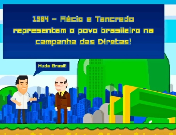 Já naquela época, Aécio aparece repetindo seu slogan da atual campanha ("Muda, Brasil!") e se coloca, novamente ao lado do avô, como defensor das eleições diretas