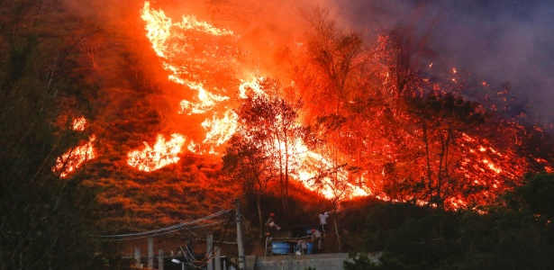 Moradores e bombeiros tentam apagar incêndio que atingia floresta próxima a casas em Petrópolis no dia 17 - Bruno Kelly/Folhapress