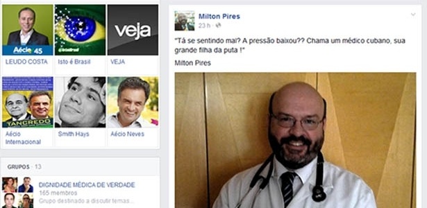 O médico Milton Pires, do Rio Grande do Sul, em postagem ofensiva à presidente Dilma Rousseff, logo após ela passar mal em debate realizado pelo UOL, SBT e rádio Jovem Pan