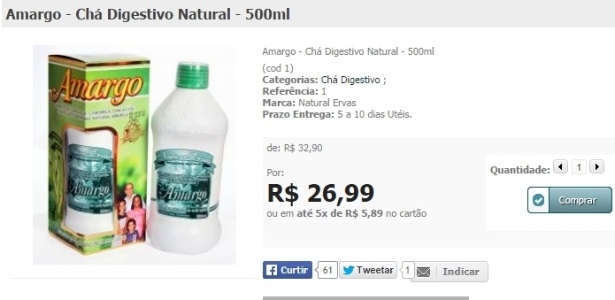 Embalagem de 500 ml do chá é vendido por R$ 26,99 na internet - Reprodução
