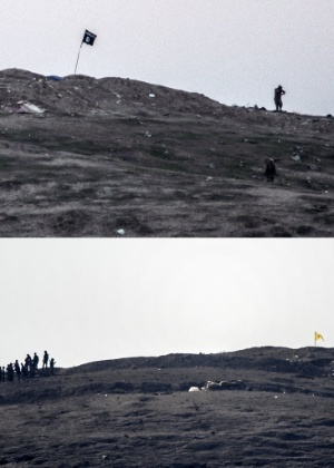 Combinação de duas imagens, a de cima de 23 de outubro e a de baixo de 24 de outubro, mostram militantes do Estado Islâmico colocando após colocarem uma bandeira (topo) antes de um bombardeio numa colina nas proximidades da cidade síria de Kobane --descrita como um centro de comando do grupo radical - Bulent Kilic/AFP