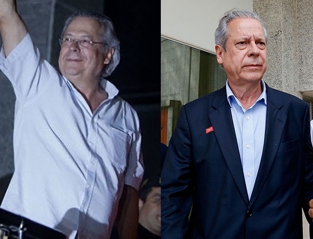À esquerda, José Dirceu em 15.nov.2013, quando foi preso; à direita, o ex-ministro nesta terça-feira (4) - Efe e Folhapress