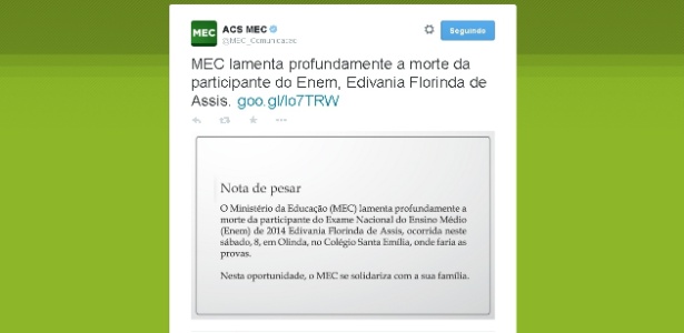 MEC divulga nota lamentando morte de candidata do Enem em PE - Reprodução