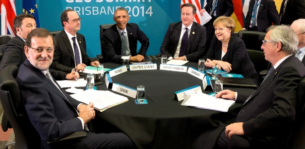 16.nov.2014 - Os líderes Angela Merkel (Alemanha), Herman van Rompuy (Conselho Europeu), Jean-Claude Juncker (Comissão Europeia), entre outros, durante a cúpula do G20, que reúne os 19 países mais ricos do mundo e a União Europeia  na Austrália - Kay Nietfeld/EPA/Efe