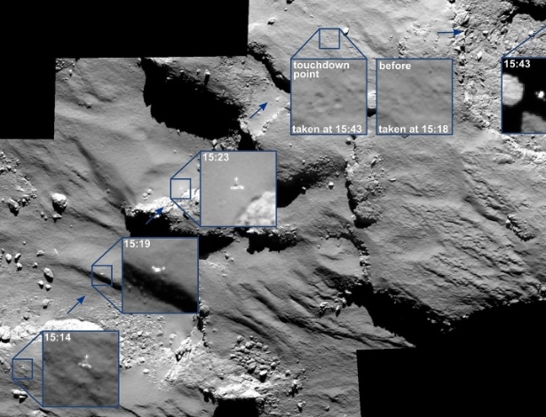 Câmera da sonda Rosetta mostra trajetória do módulo Phiale na superfície do cometa 67P - ESA/Rosetta