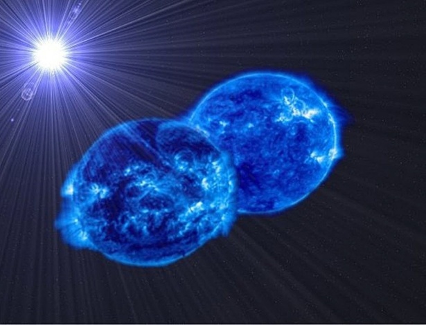 Concepção artística, fornecida pelo IAC (Instituto de Astrofísica das Ilhas Canarias), mostra duas estrelas prestes a se fundir em uma estrela supermassiva - Javier Lorenzo/ EFE