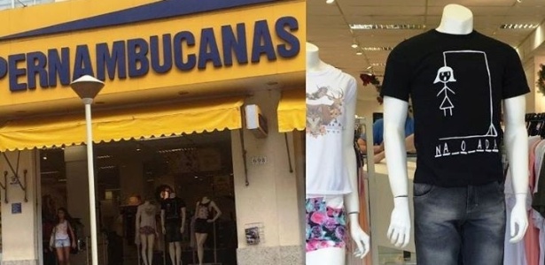 Montagem com a fachada das lojas Pernambucanas e a camiseta que deu início a acusações de fomento à violência contra a mulher a partir de postagem nas redes sociais - Reprodução/Facebook