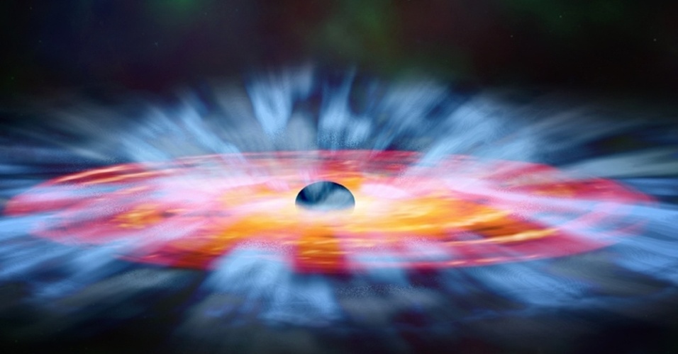 28.nov.2014 - Concepção artística mostra ventos turbulentos de redemoinho de gás em torno de um buraco negro. Parte do gás é 