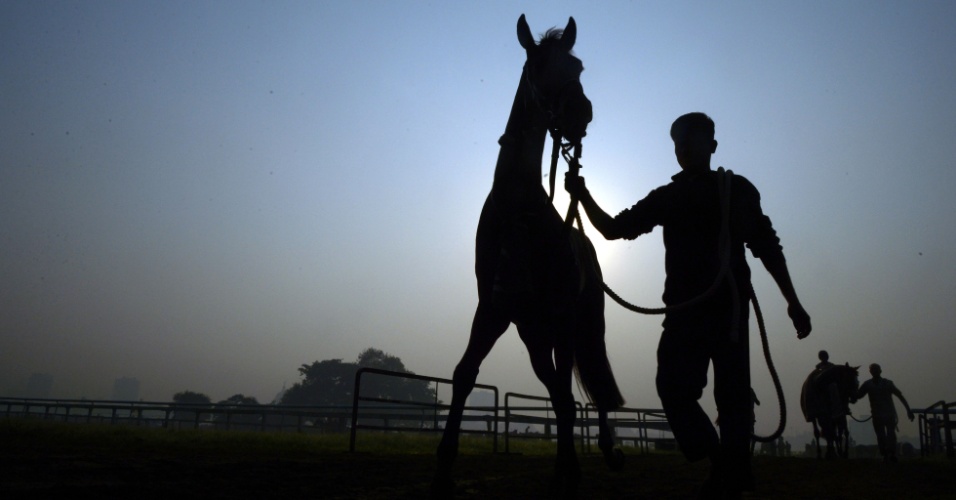 28.nov.2014 - Um jockey leva o cavalo para fora da pista depois de participar de um treino em um clube de Calcutá, na Índia