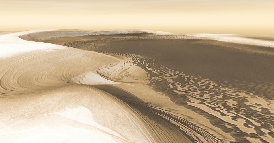 Gerada por computador, esta imagem é baseada em informações enviadas pela sonda Mars Odyssey da região conhecida como Chasma Boreale