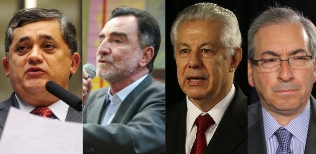 Da esquerda para a direita: Guimarães, Patrus e Chinaglia, possíveis candidatos do PT; à direita, Eduardo Cunha (PMDB) - Arte/UOL