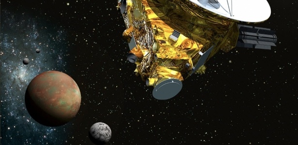 Ilustração mostra a sonda New Horizons se aproximando de Plutão e suas três luas - Nasa/AFP