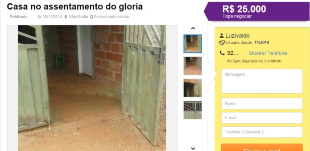 Anúncio põe à venda terreno com casa em assentamento no Glória (MG) por R$ 25 mil - Reprodução