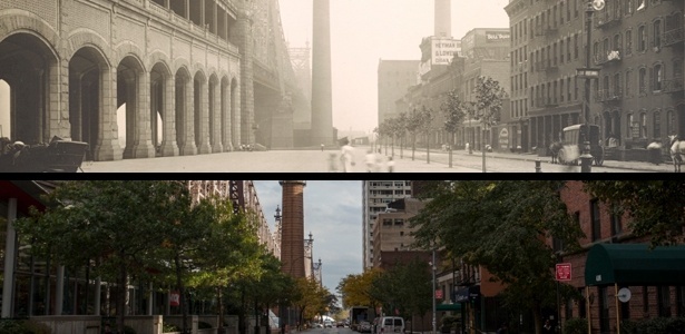 Imagens de 1912 e 2014 da ponte Queensborough, na 59ª  rua, em Nova York, mostra aumento da plantação de árvores no local  - The New York Times