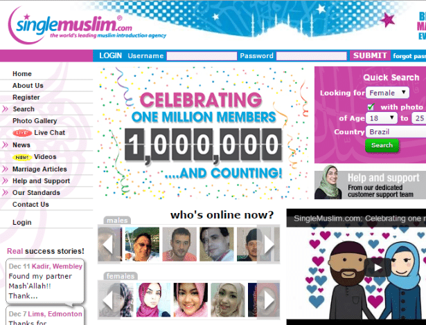 Página inicial do site Singlemuslim.com comemora a adesão de um milhão de membros - Reprodução
