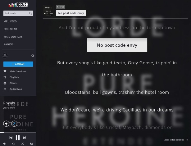 Recurso Lyrics, do Deezer, permite que usuário escute música e acompanhe a letra - Reprodução