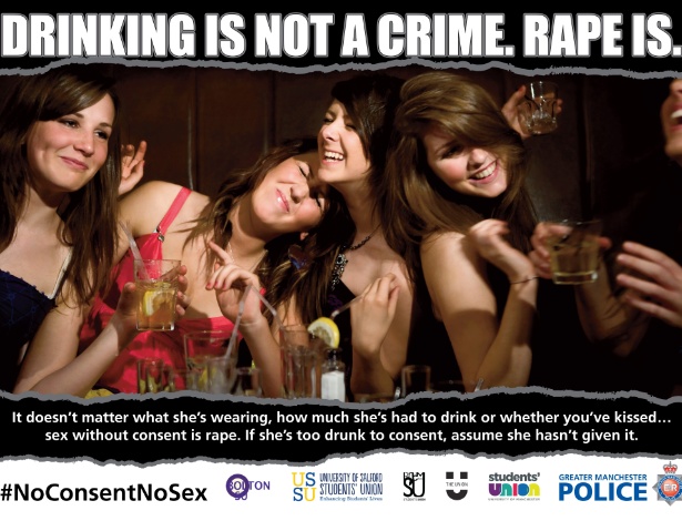 Campanha da polícia de Manchester enfatiza que beber não crime, mas estupro é - Polícia de Manchester/BBC