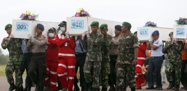 Caixões com restos mortais de vítimas do voo QZ8501 da AirAsia, resgatados do mar de Java, são carregados para avião militar em aeroporto de Kalimantan - Darren Whiteside/Reuters - 2.jan.2015