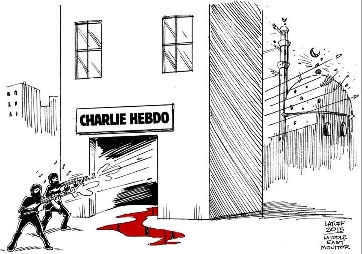 7.jan.2015 - O cartunista Carlos Henrique Latuff de Sousa fez uma charge nesta quarta-feira (7) para homenagear os mortos no ataque à sede da revista Charlie Hebdo em Paris, França. Homens armados abriram fogo ao escritório e mataram ao menos 12 pessoas, entre elas os cartunistas Jean Cabut, Stephane Charbonnier, Georges Wolinski e Bernard Verlhac. Não há informações sobre quem seriam os atiradores e o que os motivou, mas a revista já publicou ilustrações satíricas sobre líderes muçulmanos e foi ameaçada por divulgar caricaturas de Maomé há três anos - Reprodução/ Facebook
