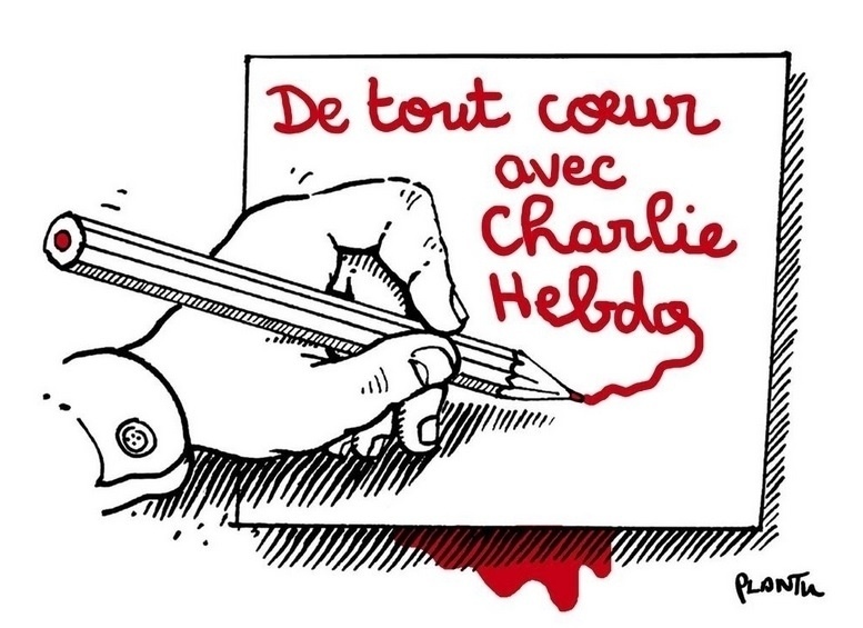 7.jan.2015 - O cartunista Jean Plantureux, mais conhecido como Plantu, fez uma charge nesta quarta-feira (7) para homenagear os mortos no ataque à sede da revista Charlie Hebdo em Paris, França. Na ilustração, uma mão escreve com lápis vermelho 'Inteiramente com Charlie Hebdo' (em tradução do francês). Homens armados abriram fogo ao escritório e mataram ao menos 12 pessoas, entre elas os cartunistas Jean Cabut, Stephane Charbonnier, Georges Wolinski e Bernard Verlhac. Não há informações sobre quem seriam os atiradores e o que os motivou, mas a revista já publicou ilustrações satíricas sobre líderes muçulmanos e foi ameaçada por divulgar caricaturas de Maomé há três anos - Reprodução/ Twitter