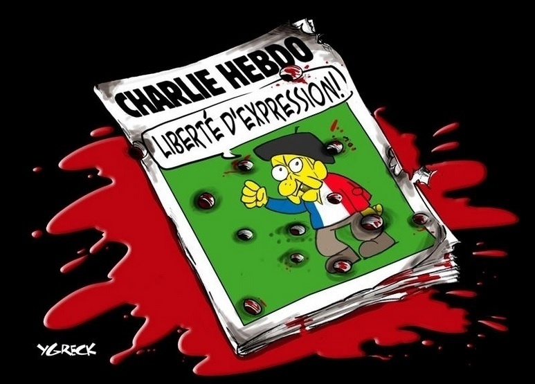7.jan.2015 - O cartunista Ygreck fez uma charge nesta quarta-feira (7) para homenagear os mortos no ataque à sede da revista Charlie Hebdo em Paris, França. Na ilustração, o artista desenhou uma publicação da Charlie Hebdo sangrando e baleada com a manchete 'Liberdade de Expressão' (em tradução do francês). Homens armados abriram fogo ao escritório e mataram ao menos 12 pessoas, entre elas os cartunistas Jean Cabut, Stephane Charbonnier, Georges Wolinski e Bernard Verlhac. Não há informações sobre quem seriam os atiradores e o que os motivou, mas a revista já publicou ilustrações satíricas sobre líderes muçulmanos e foi ameaçada por divulgar caricaturas de Maomé há três anos - Reprodução/ Twitter