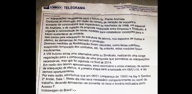 Funcionários da VW em São Bernardo do Campo (SP) receberam telegrama durante férias  - Reprodução
