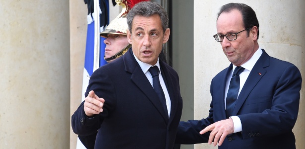 11.jan.2015 - Presidente francês, François Hollande, e seu antecessor, Nicolas Sarkozy - Dominique Faget/AFP