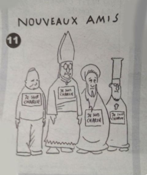 14. jan.2015 - Com o título "Novos amigos", charge mostra líderes de diferentes religiões com um cartaz escrito "Je suis Charlie" - Reprodução